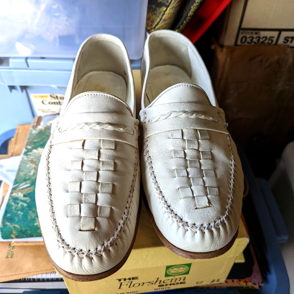 Vintage Florsheim White Woven Leather Loafers Moc Toe Size 12 3E